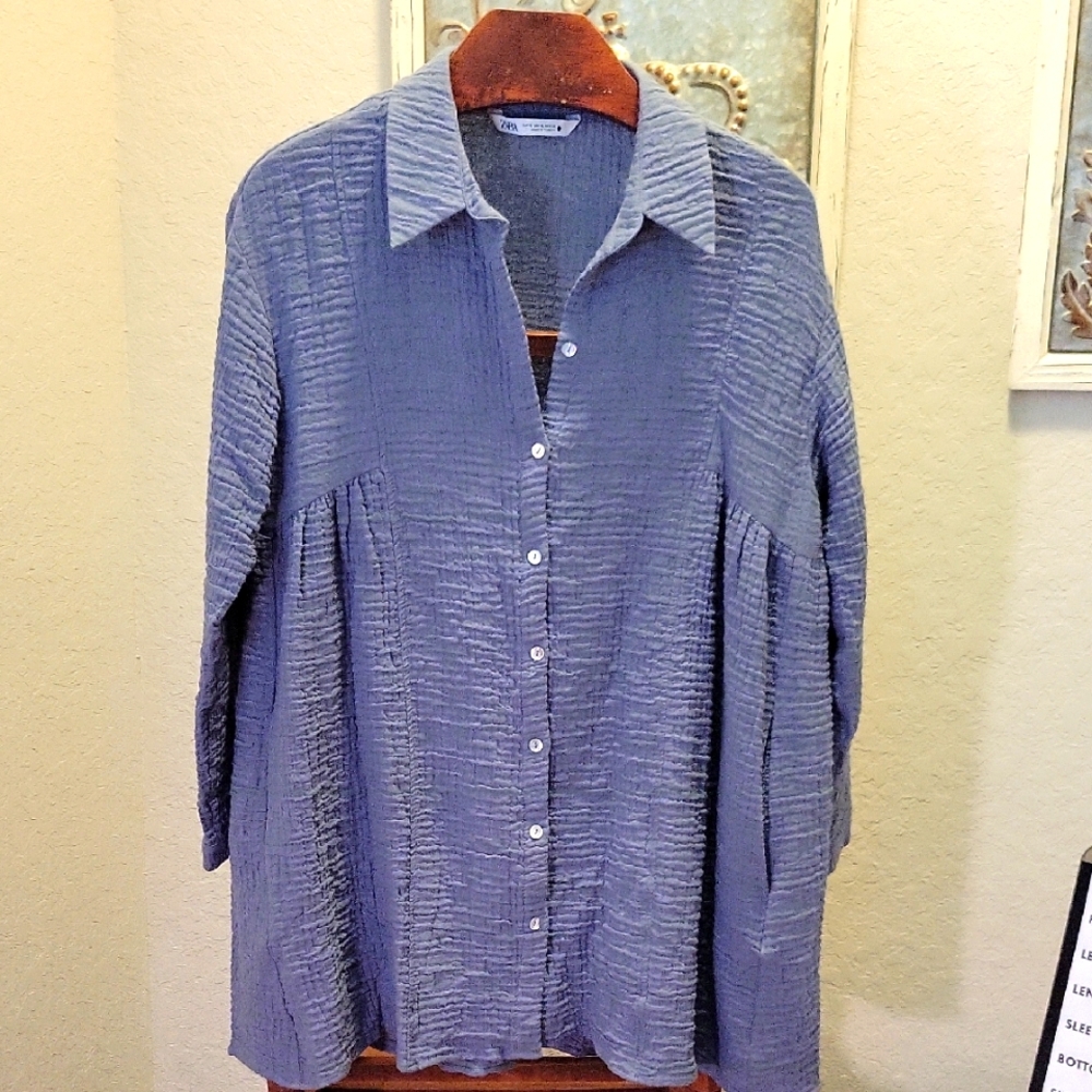 Zara Blue Textured Button-Up Shirt Size XL